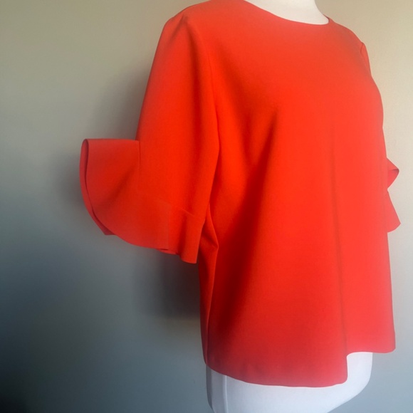 Suncoo Paris Coral Orange Open Back Cocktail Flounce Sleeve Top Blouse T-shirt - Picture 2 of 8